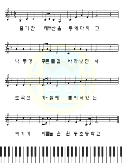 줄기찬 태백산을 등에다 지고
낙동강 푸른 물결 바라보면서 
토곡산 기슭에 뻗어서 있는
여기가 이름 높은 원동초등학교